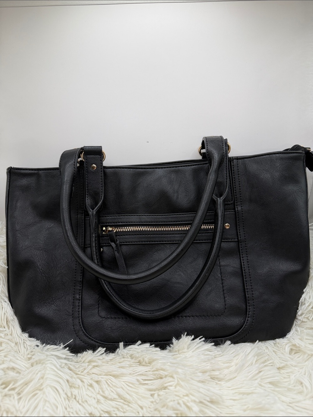 INC International Concepts Black Double-Handle Tote with Front Zip Pocket